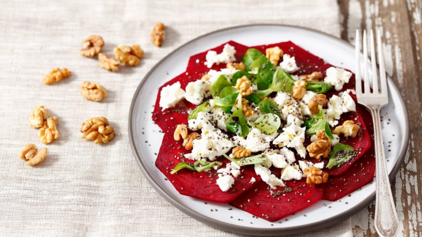Beetroot Carpaccio with Goat Cheese and Candied Walnuts